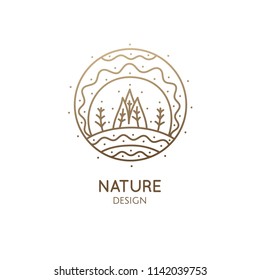Nature abstract logo of sun trees, river. Vector ornamental icon of landscape. Linear round emblem, badge for a travel, alternative medicine and ecology concept, spa, health and yoga Center.