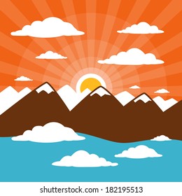 Nature Abstract Mountains Illustration with Clouds, Sun Set - Rise, Pink Sky 