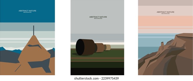 Nature abstract posters. Minimalist contemporary A4 banners with mountains forest sea landscapes. Vector set