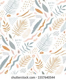 Nature abstract seamless pattern design rustic tropical summer style. Background pattern jungle leaves ornament modern fabric texture on transparent background. 