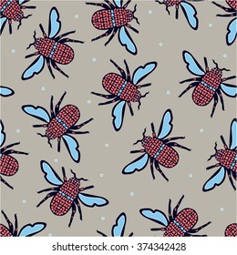 Nature abstract seamless pattern with flying insects (fly, bugs, moth) on winter snowfall or rain sky (seasons weather) in vector. Hand drawn doodle animals and dotted texture background in vector