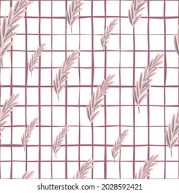 Natur abstraktes nahtloses Muster im geometrischen Stil mit zufälligen violetten Federformen. Schacher Hintergrund. Perfekt für Stoffdesign, Stoffdruck, Umhüllung, Cover. Vektorgrafik.
