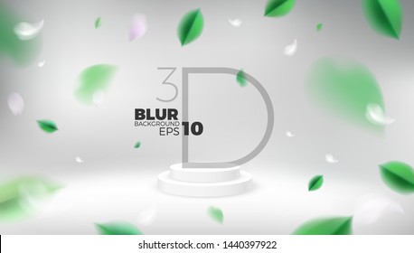 Nature abstract studio background with flying spring leaves and product show podium vector design