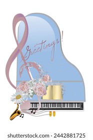 Nature abstract treble clef decorated with summer and spring flowers,  notes, birds. Hand drawn musical vector illustration for covers,  wallpaper, greeting cards,invitations.