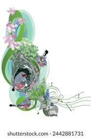 Nature abstract treble clef decorated with summer and spring flowers,  notes, birds. Hand drawn musical vector illustration for covers,  wallpaper, greeting cards,invitations.