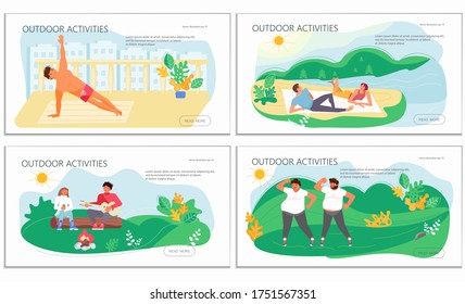 Nature activities set of landing web page template. People performing exercise, fitness training, healthy habits, active lifestyle, outdoor workout. Flat Art Vector Illustration