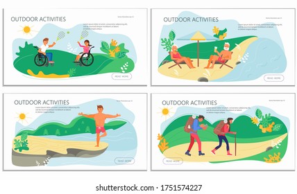 Nature activities set of landing web page template. People performing exercise, fitness training, healthy habits, active lifestyle, outdoor workout. Flat Art Vector Illustration