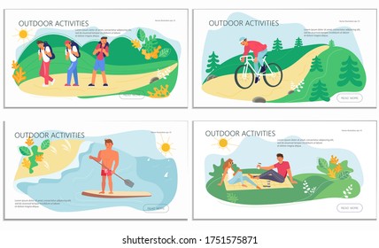 Nature activities set of landing web page template. People performing exercise, fitness training, healthy habits, active lifestyle, outdoor workout. Flat Art Vector Illustration