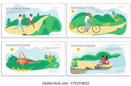 Conjunto de actividades naturales de la plantilla de la página web de aterrizaje. Gente haciendo ejercicio, entrenando para el ejercicio físico, hábitos saludables, estilo de vida activo, entrenamiento al aire libre. Ilustración de vectores de arte plano