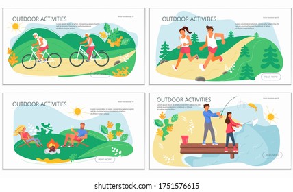 Conjunto de actividades naturales de la plantilla de la página web de aterrizaje. Gente haciendo ejercicio, entrenando para el ejercicio físico, hábitos saludables, estilo de vida activo, entrenamiento al aire libre. Ilustración de vectores de arte plano