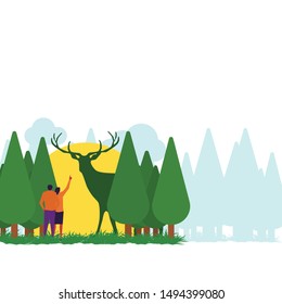Nature adventure flat vector concept couple amaze with big rare moose on the jungle. Illustration For Wallpaper, Banner, Background, Infographic, Book Illustration, And Web Landing Page.