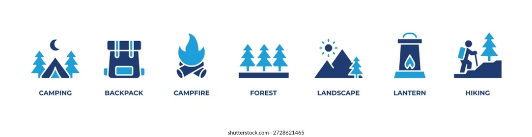 Natureza Aventura Ícones definir ilustração vetorial azul com Camping, Mochila, Campfire, Floresta, Paisagem, Lanterna, Caminhada