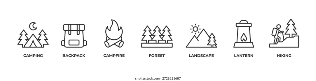 Natureza Aventura Ícones definir vetor ilustração contorno com Camping, Mochila, Campfire, Floresta, Paisagem, Lanterna, Caminhada