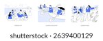 Nature adventure isolated cartoon vector illustrations set. Camping life, smiling friends have fun near the tents, diverse people kayaking together, summer hiking, active holiday vector cartoon.