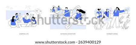 Nature adventure isolated cartoon vector illustrations set. Camping life, smiling friends have fun near the tents, diverse people kayaking together, summer hiking, active holiday vector cartoon.