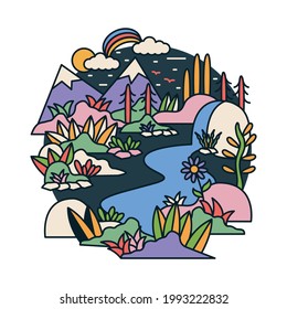 Nature adventure with mountain and river colorful graphic illustration vector art t-shirt design