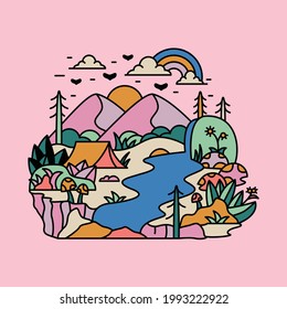 Nature adventure with mountain and river graphic illustration vector art t-shirt design