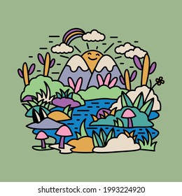 Nature adventure with mountain, river, and sunrise colorful graphic illustration vector art t-shirt design