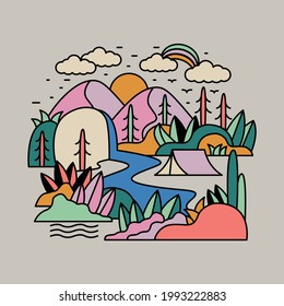 Nature adventure with mountain, river, and tent colorful graphic illustration vector art t-shirt design