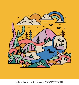 Nature adventure with river, mountain, and forest colorful graphic illustration vector art t-shirt design