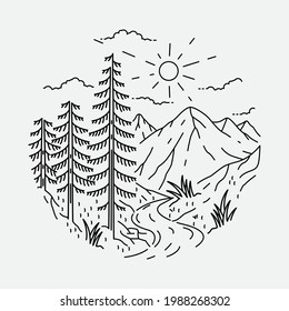 Nature adventure wild mountain line graphic illustration vector art t-shirt design