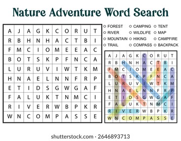 Nature adventure word search puzzle with highlighted words like river, trail, compass, camping, tent, campfire, and backpack.