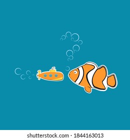 Nature against technologies. Funny art with sea fish-clown looking at orange submarine questioningly. Vector illustration in marine theme  in childish style. Print for poster, textile, cards, ads.