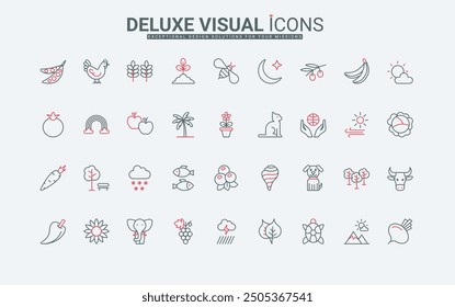 Nature and agriculture, farm livestock and weather line icons set. Organic harvest and cattle, protection of animals, park and forest trees thin black and red outline symbols vector illustration