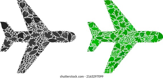 Nature Air Plane Icon Collage Of Herbal Leaves In Green And Natural Color Shades. Ecological Environment Vector Template For Air Plane Icon. Air Plane Vector Image Is Designed With Green Herbal Icons.