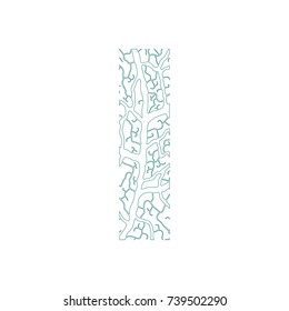 Nature alphabet, ecology decorative font. Capital letter I filled with leaf veins pattern green outline background.