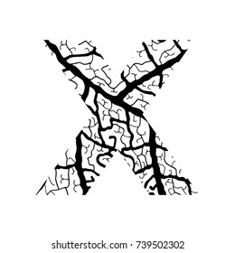 Nature alphabet, ecology decorative font. Capital letter X filled with leaf veins pattern black on white background.