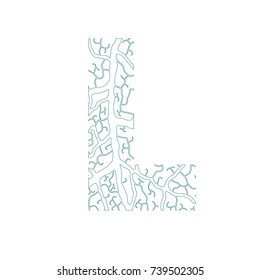 Nature alphabet, ecology decorative font. Capital letter L filled with leaf veins pattern green outline background.