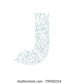 Nature alphabet, ecology decorative font. Capital letter J filled with leaf veins pattern green outline background.