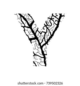 Nature alphabet, ecology decorative font. Capital letter Y filled with leaf veins pattern black on white background.