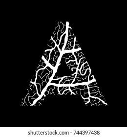 Nature alphabet, ecology decorative font. Capital letter A filled with leaf veins pattern white on black background.