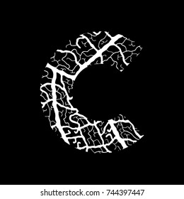 Nature alphabet, ecology decorative font. Capital letter C filled with leaf veins pattern white on black background.