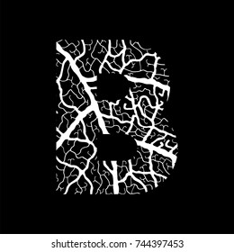 Nature alphabet, ecology decorative font. Capital letter B filled with leaf veins pattern white on black background.