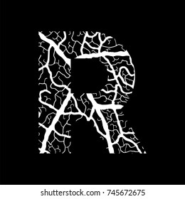 Nature alphabet, ecology decorative font. Capital letter R filled with leaf veins pattern white on black background.