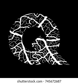Nature alphabet, ecology decorative font. Capital letter Q filled with leaf veins pattern white on black background.