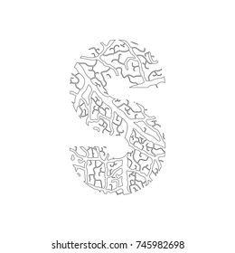 Nature alphabet, ecology decorative font. Capital letter S filled with leaf veins pattern black on white outline background.