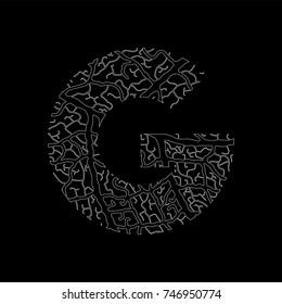Nature alphabet, ecology decorative font. Capital letter G filled with leaf veins pattern white on black outline background.