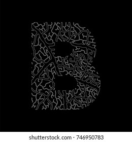 Nature alphabet, ecology decorative font. Capital letter B filled with leaf veins pattern white on black outline background.
