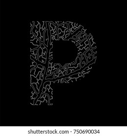 Nature alphabet, ecology decorative font. Capital letter P filled with leaf veins pattern white on black outline background.