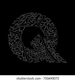 Nature alphabet, ecology decorative font. Capital letter Q filled with leaf veins pattern white on black outline background.