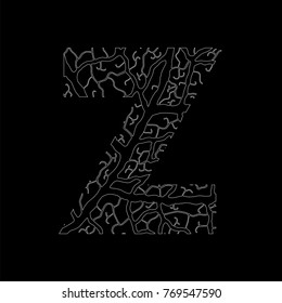 Nature alphabet, ecology decorative font. Capital letter Z filled with leaf veins pattern white on black outline background.