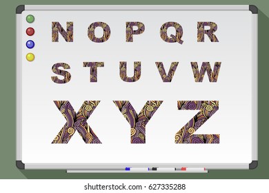 Nature alphabet. Font type. Vector stock illustration. Black and white whiteboard drawing.