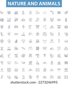 Nature and animals line icons, signs set. Nature, Animals, Fauna, Flora, Wildlife, Habitat, Ecosystem, Birds, Mammals outline vector illustrations.