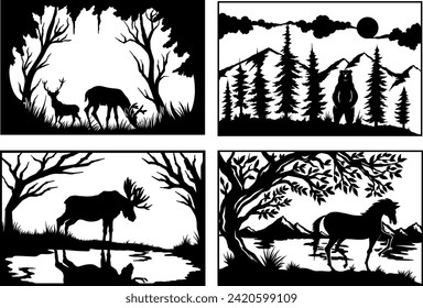 Nature, animals, trees, vector silhouette for laser cut metal, wood laser cut wall decor set.