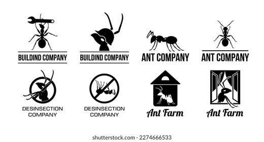 Logo de la hormiga natural. Símbolo de insecto. Etiquetas de animales. Caracteres de trabajo creativos. Empresa de trabajadores. Logotipo de silueta negra. Desinsección o construcción corporativa. Conjunto de iconos de diseño actual del vector