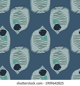 Naturaleza acuática sin fisuras con adorno de mariposa azul claro. Fondo azul marino. Diseño sencillo. Fondo decorativo para el diseño de tejidos, impresión textil, envoltura, cubierta. Ilustración vectorial.